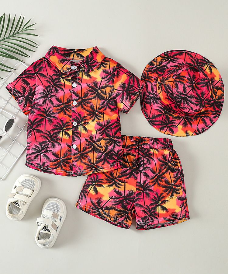 Abbigliamento per bambini Abito estivo a maniche corte per ragazzo Vacanza hawaiana bambino elegante camicia da spiaggia per bambini pantaloncini cappello abito a tre pezzi_voghion.com