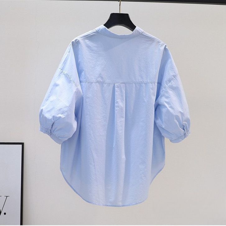 Camicia da donna in cotone azzurro chiaro in stile letterario, camicia casual da donna con maniche a 7 punte, top estivo versatile dal temperamento versatile_voghion.com