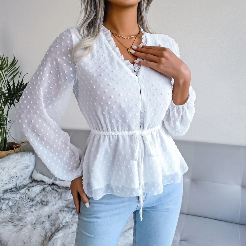 2024 Spring Summer Lantern Long Sleeve Ruffle Tie Waist Polka Dot Chiffon Blouse Women's Fashion_voghion.com