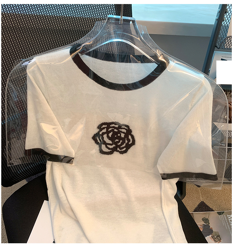 Abbigliamento da donna Elegante maglietta in seta ghiacciata con scollo rotondo a contrasto di colore, a maniche corte, in jacquard, estiva, da donna_voghion.com
