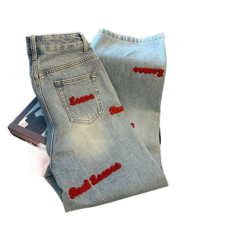 Damkläder Ins Retro High Street Brev Broderade jeans Dam Trendig märkesdesign Lösa raka Breda Ben Mopping Byxor_voghion.com