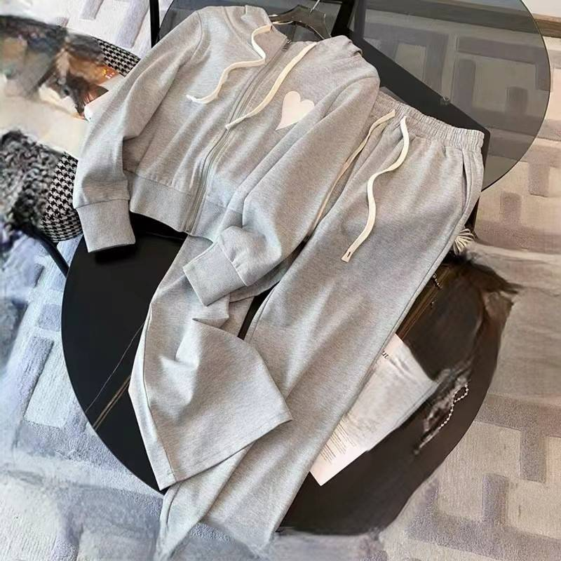 Women's Clothing Spring And Autumn New Fashion Cardigan Hooded Sweatshirt Wide Leg Pants Sports Suit Two Piece Set Cute Two Piece Suit_voghion.com