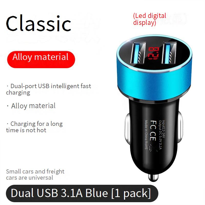 Autoladers Auto snellader Sigarettenaansteker 3.1A Digitaal display Autolader Slimme flitslader Dubbele poort USB Blauw licht_voghion.com
