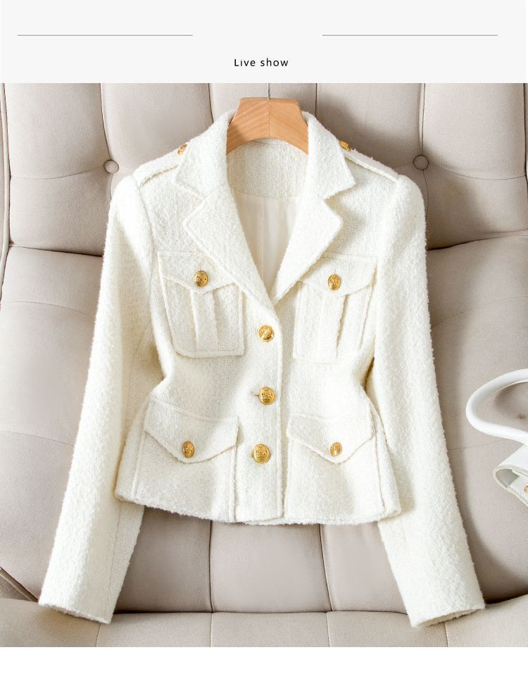 Elegante blazer in tweed da donna - Giacca corta con revers a lancia, bianco puro, versatile capospalla per primavera e autunno_voghion.com