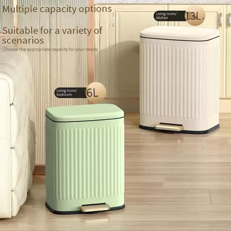 Stainless Steel Step Trash Can With Soft-Close Lid, 6L Capacity, Striped Design, Modern & Sleek For Home/Office - Cream White, Matte Black_voghion.com