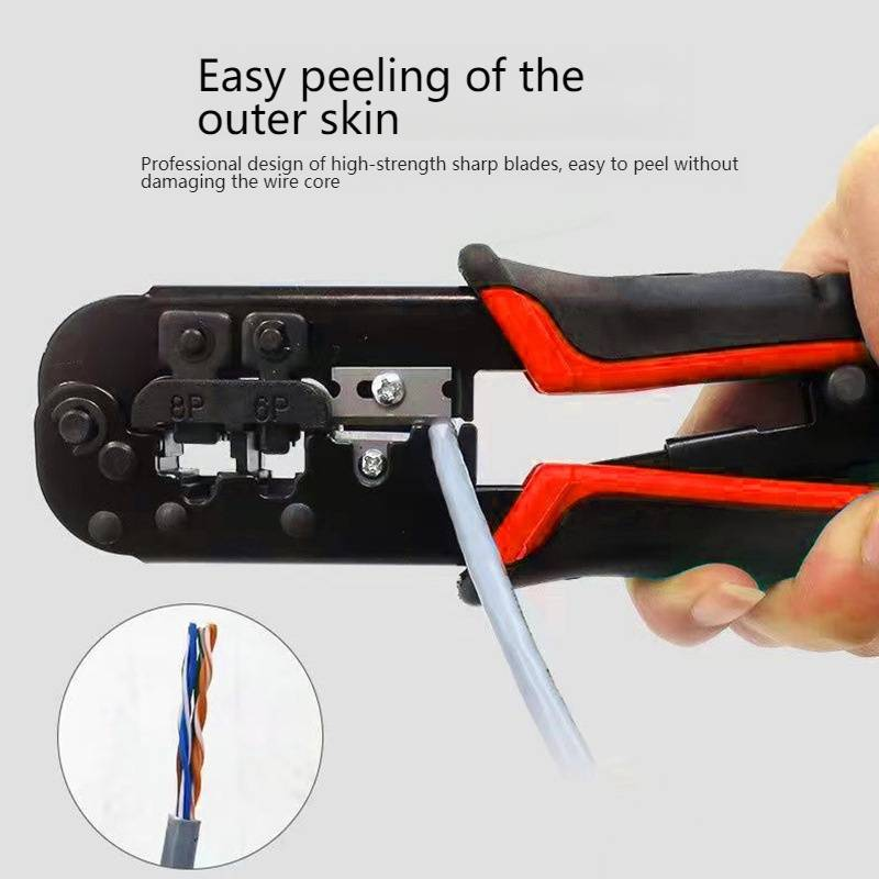 Crimpadora de trinquete profesional para RJ45/RJ11, ergonómica, de dos colores, con cuchillas de acero al carbono._voghion.com