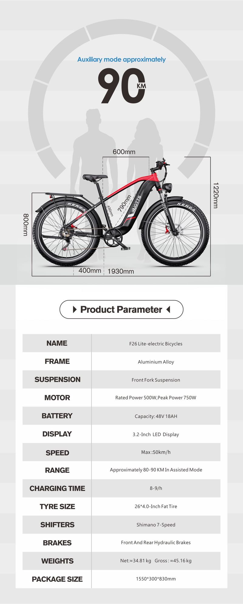 VTT électrique DUOTTS F26 Lite 500W, pneus larges 26x4.0", batterie 48V 18Ah, transmission Shimano 7 vitesses, freins hydrauliques, autonomie de 90 km_voghion.com