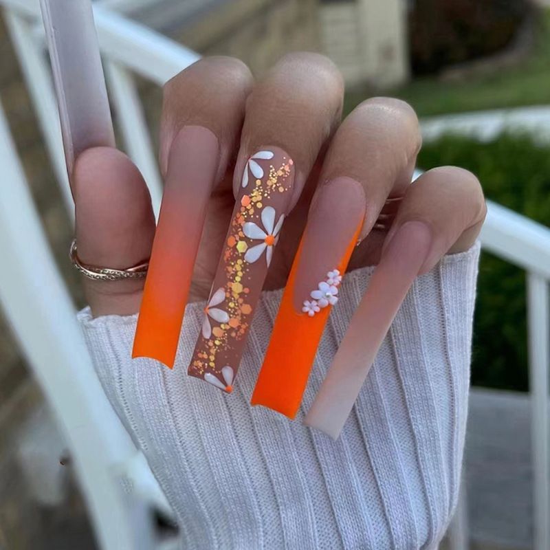 Nails Art & Tools Frosted Golden Autumn Orange Style Long Water Pipe Nail Hot Girl Style Diamond Flower Wear Nail Wholesale Nails_voghion.com