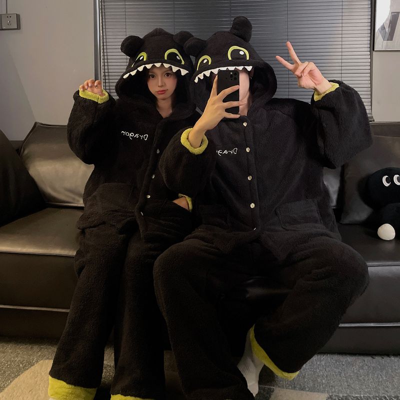 Toothless Couple Little Monster Long Winter Pajamas Cute Cartoon Plus Plush Thick Home Clothes Women's Set_voghion.com
