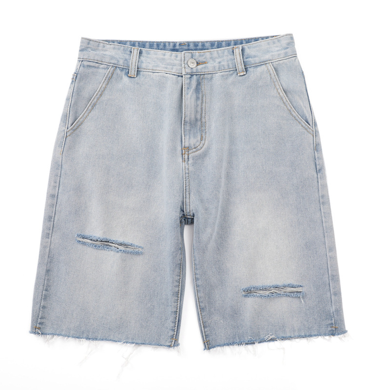 Perforierte Jeansshorts für Herren, dünn, gewaschen und locker, amerikanisches Modelabel-Design, mit Plüschrand und fünfzackiger Mittelhose_voghion.com