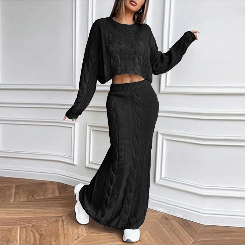 Completo con abito e maglione in maglia da donna: elegante abito lungo in maglia a trecce con pullover a scollo rotondo, completo casual in due pezzi_voghion.com
