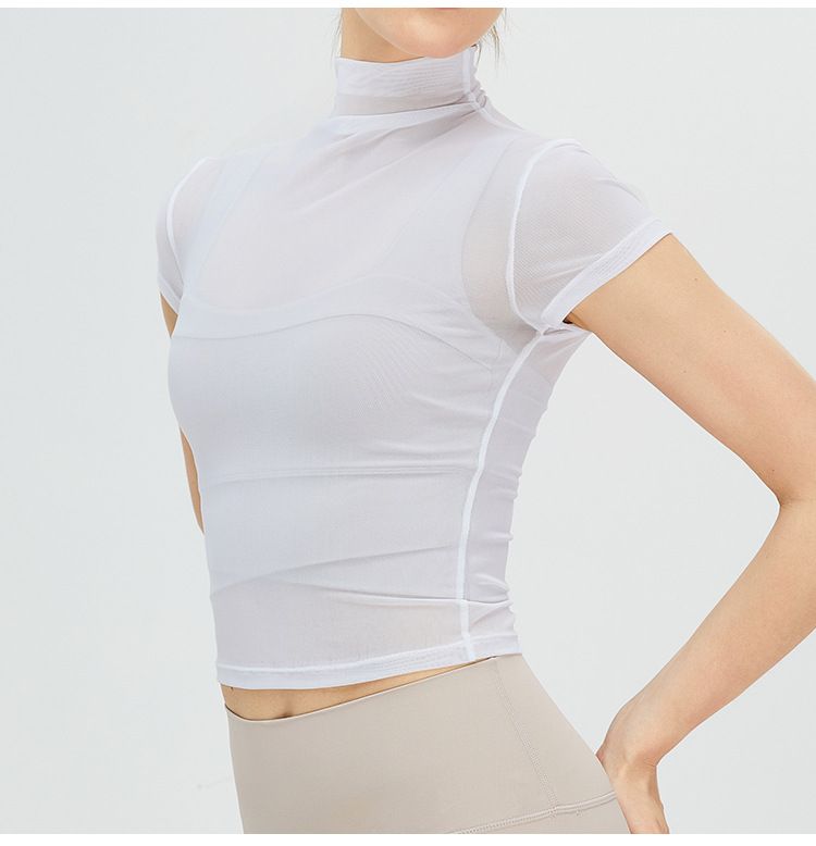 Maglietta da yoga vintage con collo alto, da donna, ad asciugatura rapida, sportiva, in rete, con protezione solare, per yoga_voghion.com