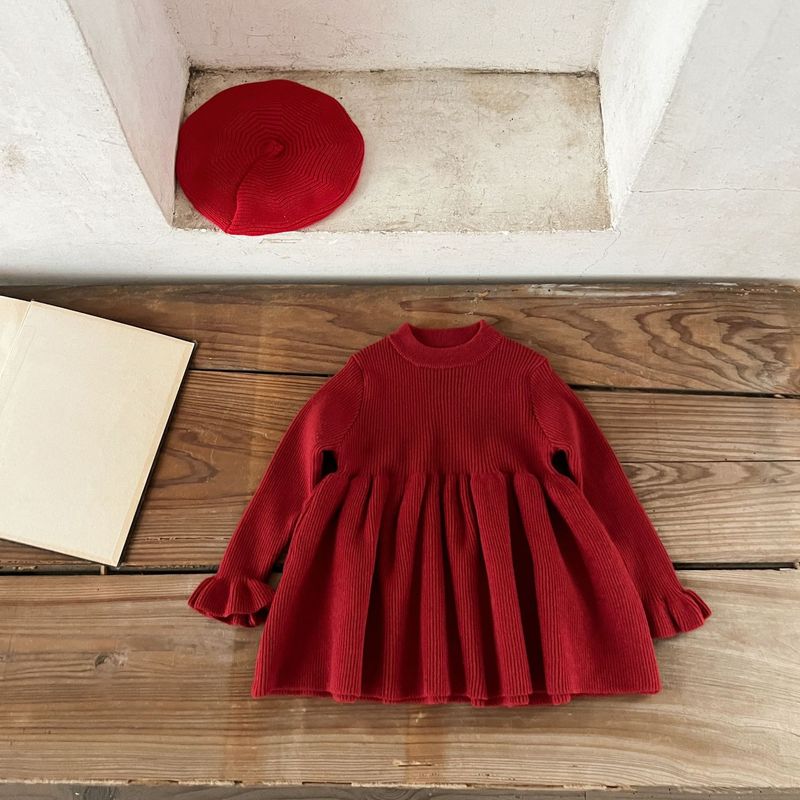 Kleinkind Mädchen Kleidung Baby Baumwolle Trompete Manschetten Wollkleid Säugling Frühling und Herbst Pullover Kleid_voghion.com