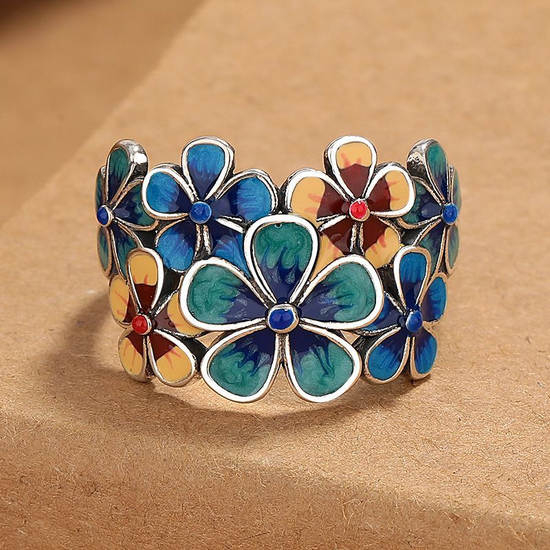Muttertagsgeschenk Emaille-Blütenring Retro-Ethno-Stil Öffnung Verstellbar Kreativer Zeigefingerring_voghion.com