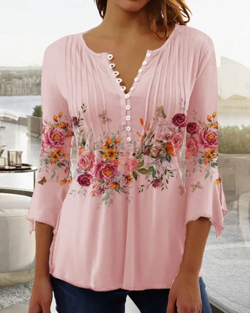 2025 Spring/Summer Fashion New Women's Flower Printed V-neck Short Sleeve Folded Button T-shirt Base Shirt_voghion.com