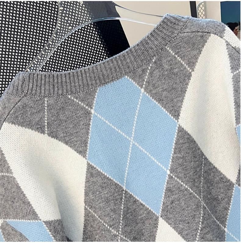 "V-Neck Diamond Pattern Knitted Cardigan – European Style Open Front Sweater"_voghion.com