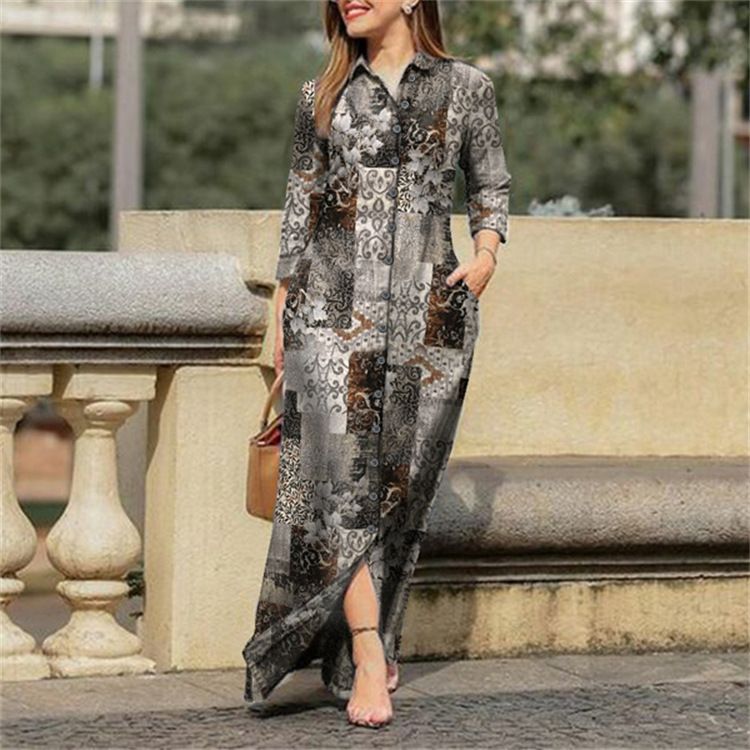 Damklänning med blommönster, midiklänning med knäppning, elegant festklänning, maxi-kjol_voghion.com