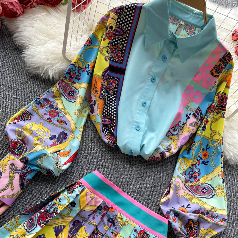 Ženska boemska eksotična srajca z napihnjenimi rokavi z reverji za ženske z visokim pasom ozko krilo za ženske_voghion.com