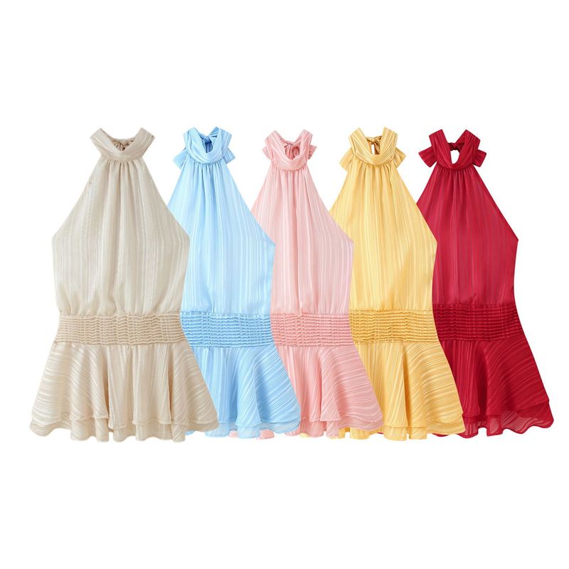 Elegantes Neckholder-Satinkleid – Stretch-Polyester, hohe Taille, kurzer Saum für Damen (Aprikose, Rot, Lila, Gelb, Pink, Hellblau)_voghion.com