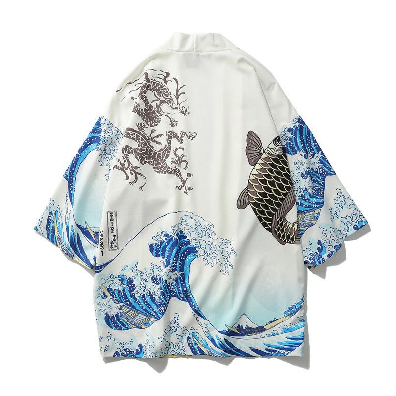 Ukiyo-e taoistiske kåber til mænd og kvinder, havbølger, karpeprint, kimono, løse fem quaer-ærmer, hawaiiansk stil_voghion.com
