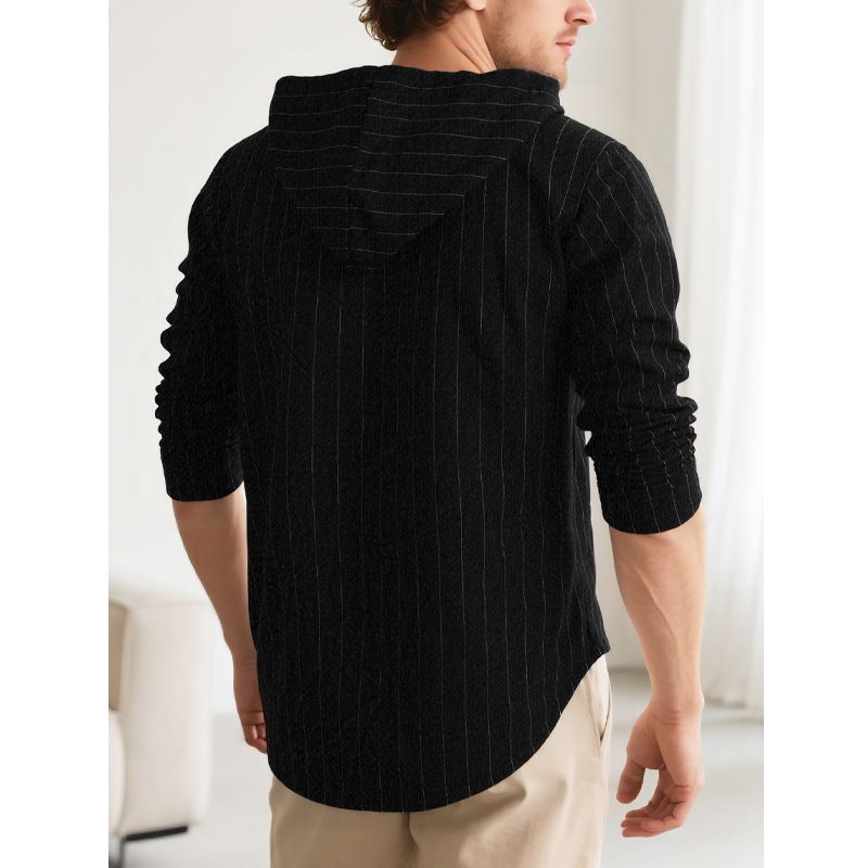 Camicia con cappuccio in lino da uomo - Top casual traspirante con coulisse | Vestibilità slim e oversize | Colori a tinta unita (bianco/blu navy/nero/kaki/azzurro)_voghion.com