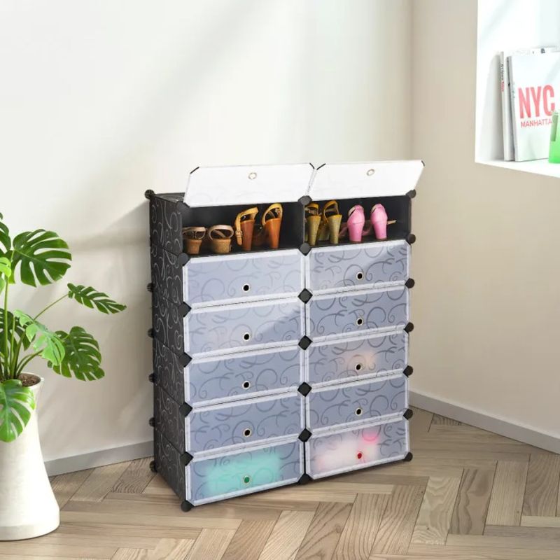DIY Shoe Portable With Doors Rack 12-Cube Plastic Transparent_voghion.com
