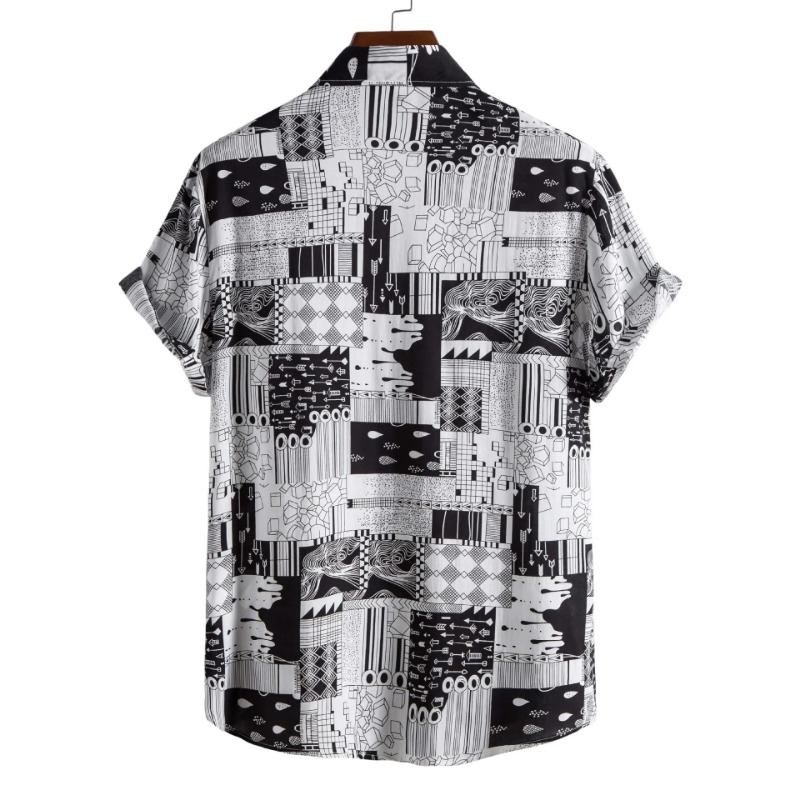 Camicia da spiaggia estiva stampata alla moda Camicia da uomo casual allentata a maniche corte con risvolto Camicia da uomo in cotone traspirante_voghion.com
