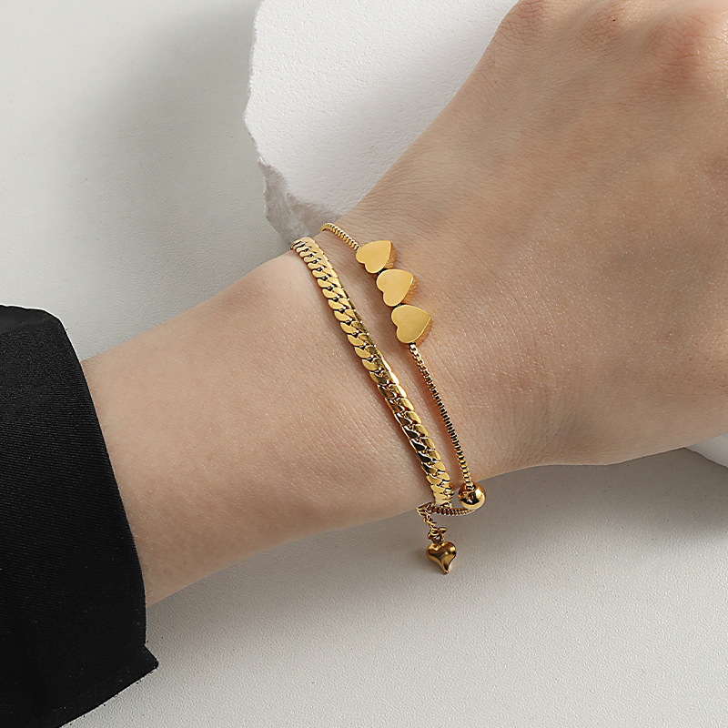 High Quality Romantic Heart Stainless Steel Bracelet for Women Charm Gold Color Snake Chain Layered Bracelet Jewelry Girlfriend Gift_voghion.com