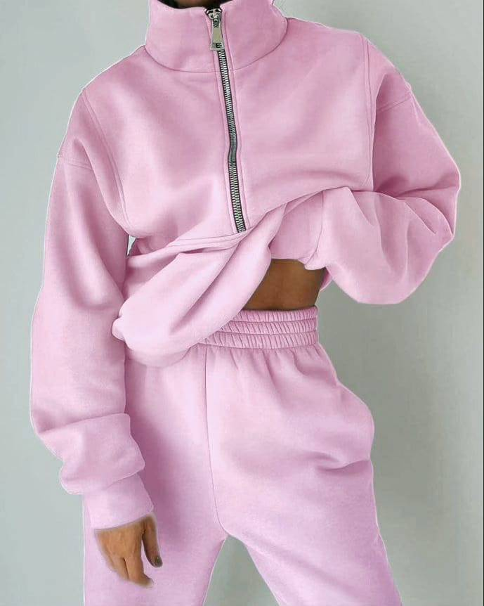 Conjunto de agasalho feminino de lã - Roupa esportiva casual de inverno (jogging e moletom com capuz)_voghion.com