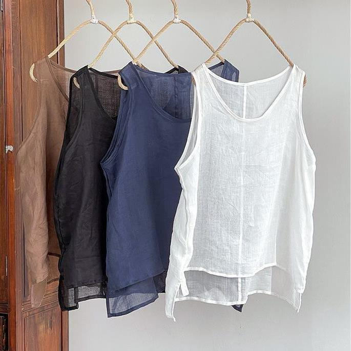 Gilet interno leggero in cotone e lino da donna, di grandi dimensioni, senza maniche, versatile, con design corto sul davanti e lungo sul retro._voghion.com