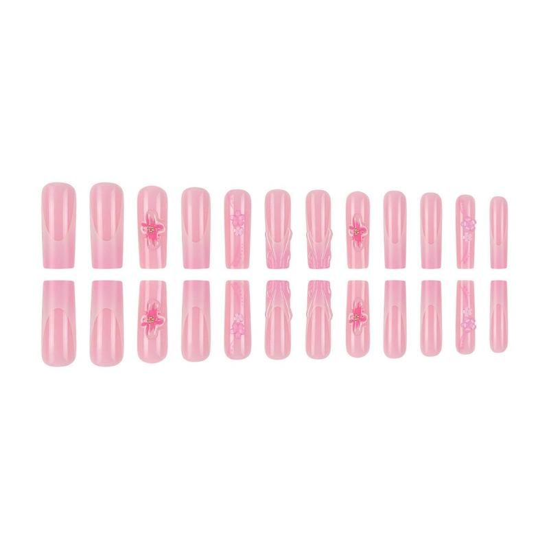24pcs French Ombre Blush Nail Tips With 3D Stripes & Gold Flakes - Detachable Press-On Nails For Women, Sweet & Glamorous Design_voghion.com