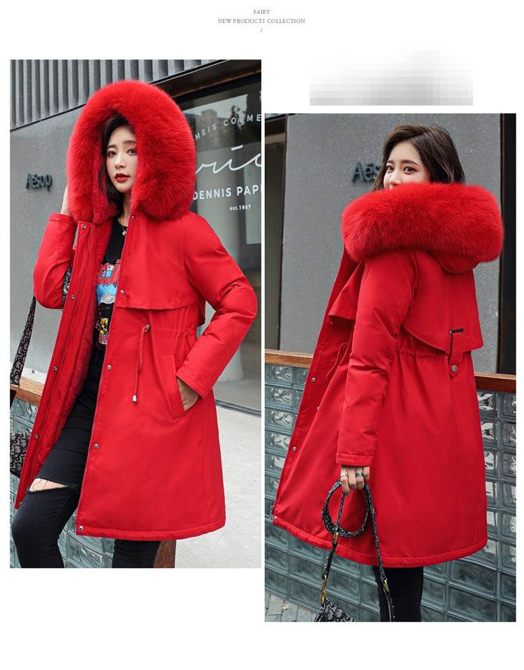 Women’s Korean-Style Winter Jacket – Thickened Cotton Parka, Mid-Length Waist Coat (Khaki/Red/Black/Pea Green/Bluish)_voghion.com