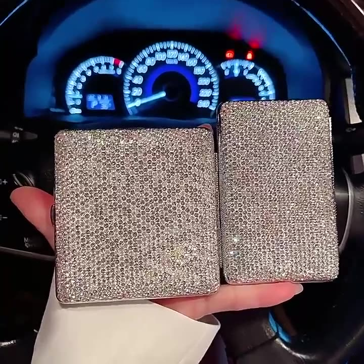 Estuche de acero inoxidable con doble cara de diamantes de imitación: soporte de lujo personalizable con espejo (cuadrado/rectangular, elegante y duradero)_voghion.com