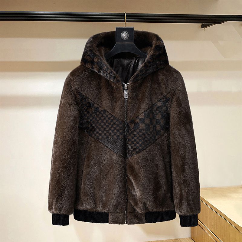 Cappotto in visone sintetico premium da uomo - Giacca invernale con cappuccio, pelliccia di montone color oro e design color-block_voghion.com