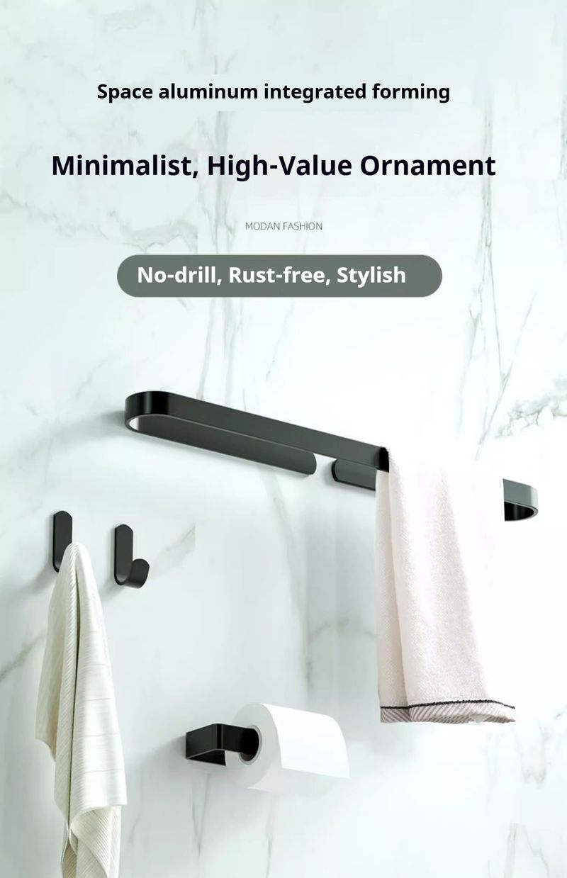 Premium No-Drill Towel Rack Set – Rustproof Aluminum Bathroom Organizer With J-Hooks & Toilet Paper Holder (30KG Load, Matte Black/White)_voghion.com