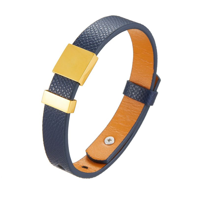 Unisex Genuine Simple Stainless Steel Smooth Surface Customizable Engraving Cowhide DIY Leather Bracelet_voghion.com