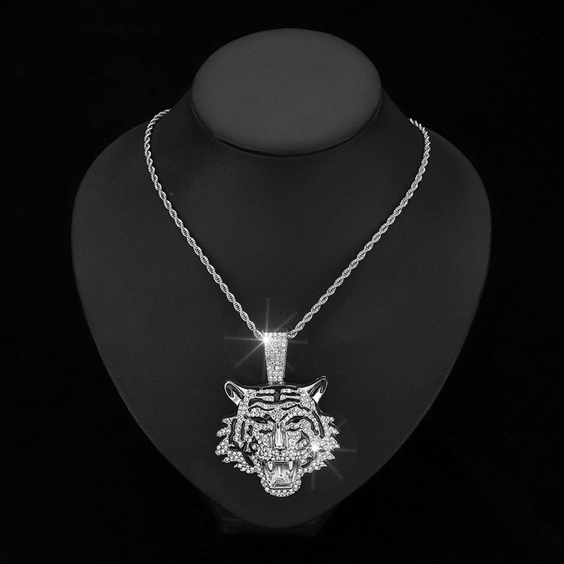 Colier cu pandantiv cu tigru hip hop 3D cu lanț cubanez de cristal de 13 mm, coliere cu gheață hip hop cu gheață, bărbați, femei, bijuterii cu farmec de modă_voghion.com