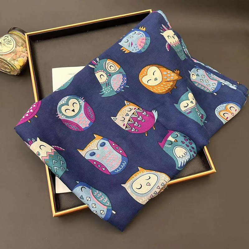 Nuova sciarpa in lino e cotone dal design originale femminile con gufo, protezione solare senior, scialle a sezione sottile, telo mare da viaggio primaverile ed estivo_voghion.com