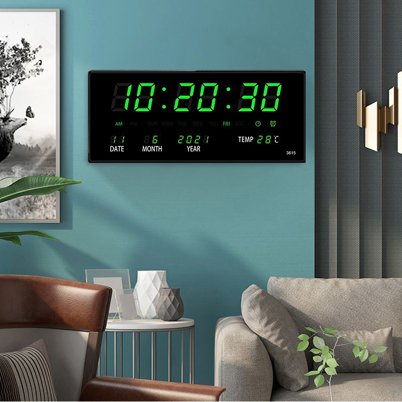 Orologio da parete digitale luminoso con sveglia, suoneria oraria, temperatura, data, calendario, orologio da tavolo, orologio elettronico a LED, decorazione con spina_voghion.com