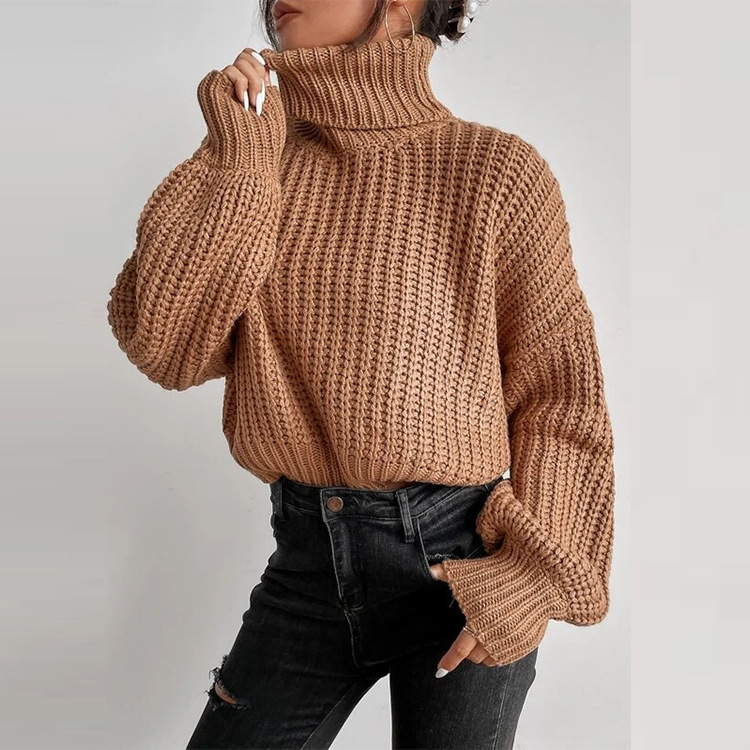 Women's fashion drop shoulder long sleeve knit loose turtleneck sweater_voghion.com