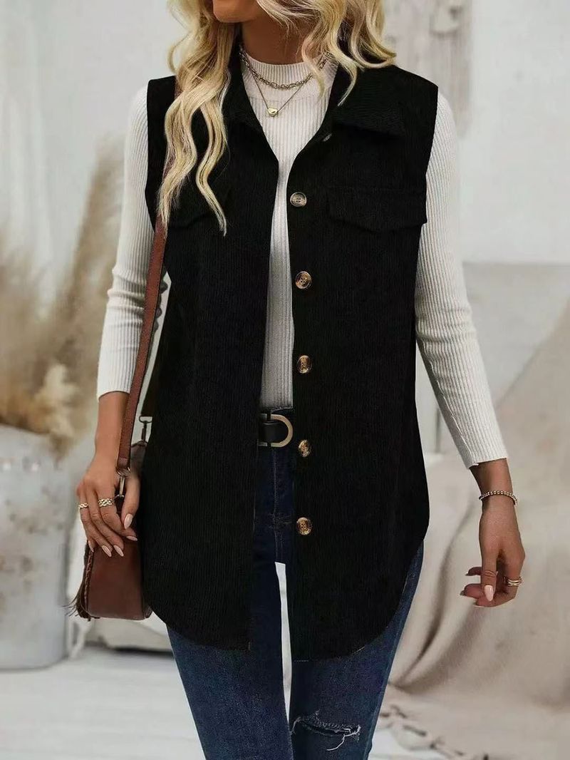 Gilet spolverino in velluto a coste da donna – Giacca lunga con bottoni e colletto a revers, cardigan casual da ufficio color cammello, capo essenziale per un look a strati in poliestere_voghion.com