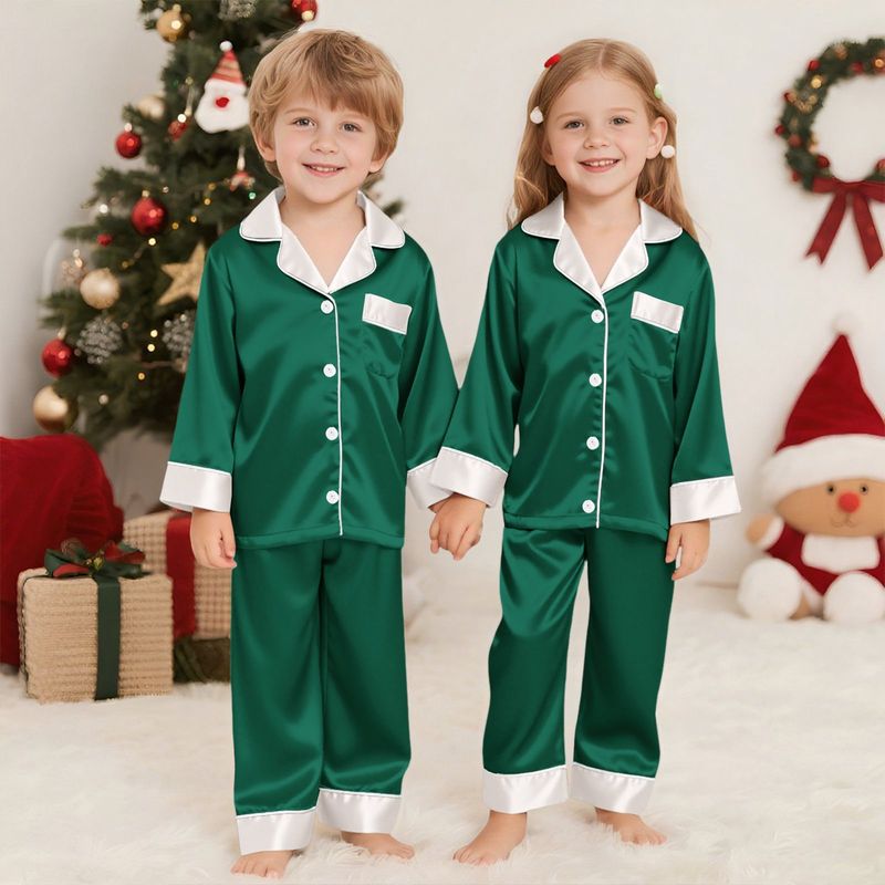Conjunto de pijama de Natal de cetim de luxo para toda a família - Roupa de dormir combinando premium com toque de seda gelada para pais e filhos (110-160 cm, tamanhos P-3XG, 6 combinações de cores)_voghion.com