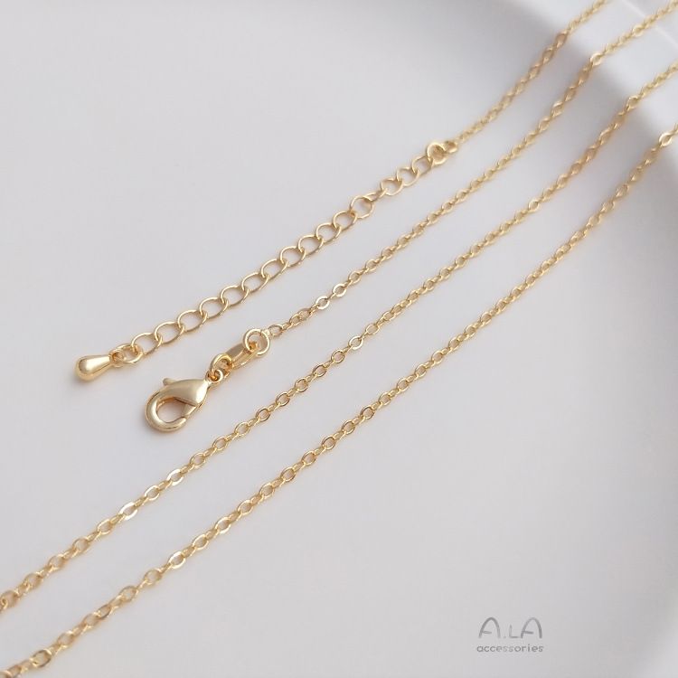 Color preserving JF14K steel stamped real gold finished necklace flat O spacer bead chain water drop extension chain 45 cm clavicle necklace_voghion.com