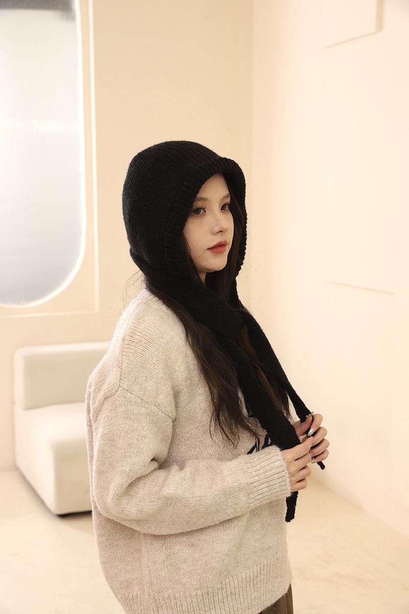 Cappello passamontagna rosso per donna in autunno inverno, caldo e spesso lavorato a maglia, protezione integrata per collo e orecchie, cappello di lana, alla moda_voghion.com
