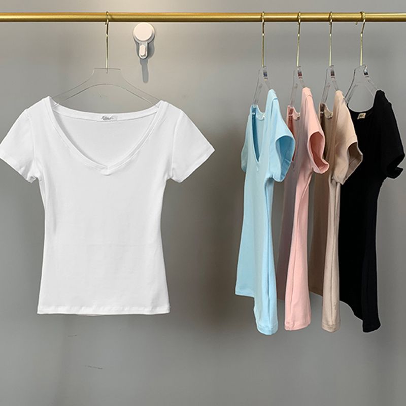 hot selling 2024 Vrouwen Sho Mouwen T-shi V Hals Zwart Wit Tshi Vrouwelijke Basic Effen Kleur Skinny Top Tees Zomer Bottoming_voghion.com