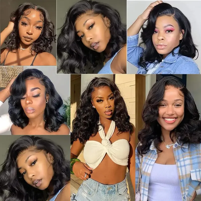 16 Inch Bob Wig Human Hair Body Wave HD Lace Frontal Wigs Pre Plucked for Women Natural Color_voghion.com