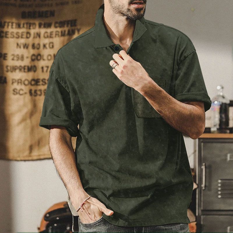 Sommer Neue Herren Gewaschene Turn-Down Kragen Button T-Shirt Übergröße Vintage Casual Kurzarm_voghion.com