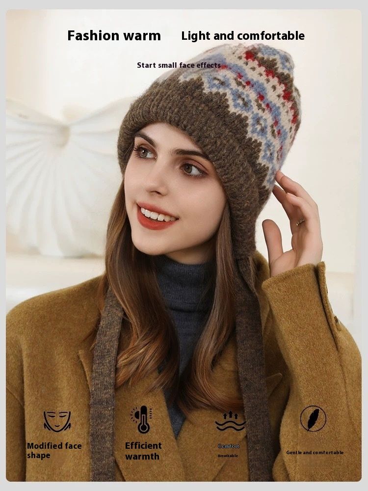 Cappello in lana lavorato a maglia a righe in stile etnico per autunno e inverno, spesso e caldo, protezione per le orecchie anti-freddo, versatile cappello freddo_voghion.com