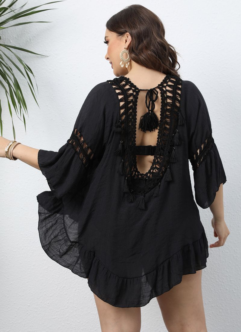 Beach Series Plus Size Women's Hand Hooked Patchwork Sexy Open Back Ruffle Short Beach Blouse_voghion.com