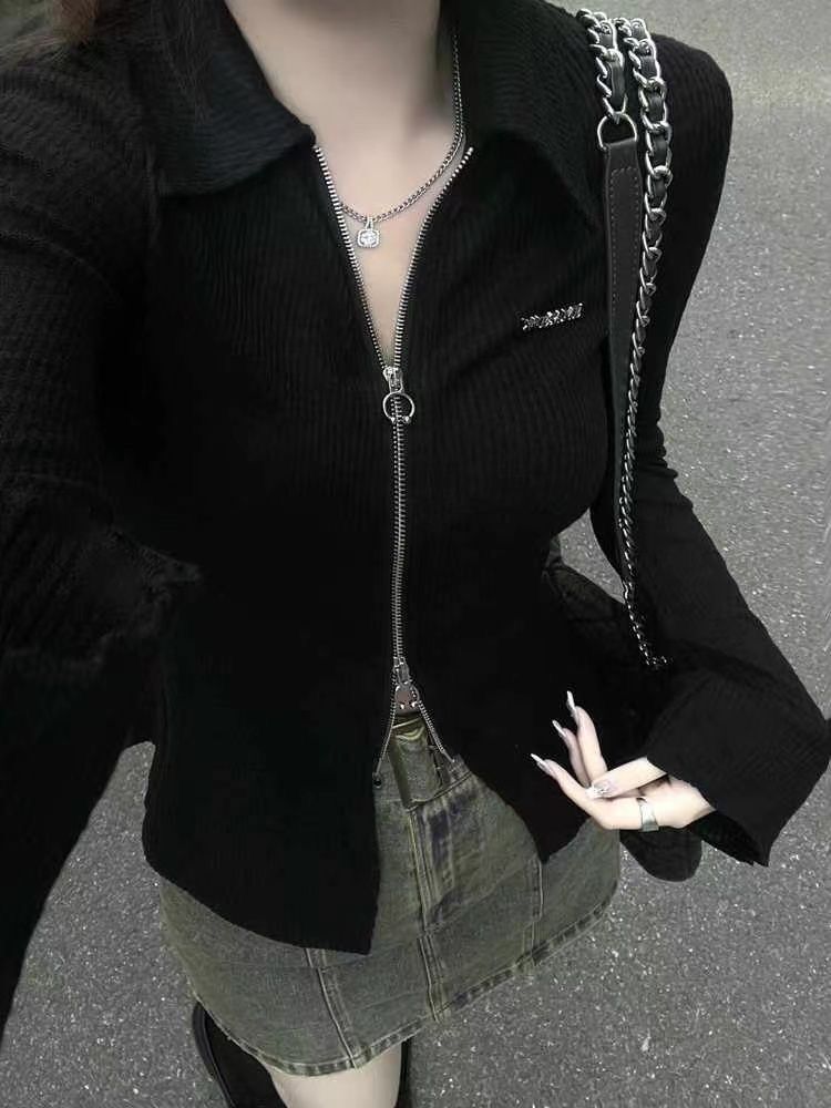 Maglietta da donna, casual, nera, slim, con cerniera_voghion.com